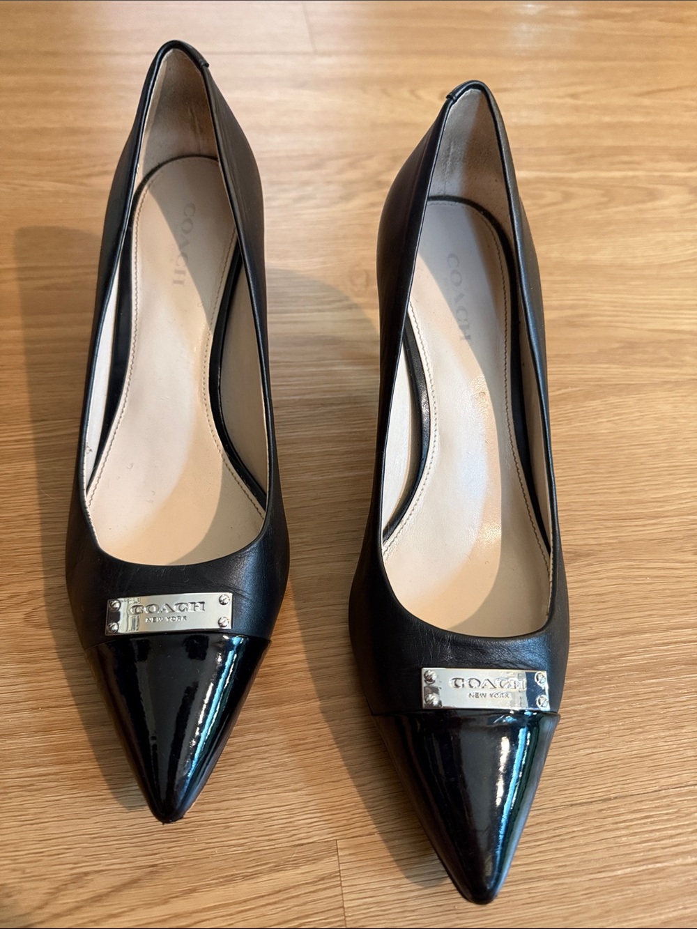 Coach Zan Black Leather Pointed Toe Pumps with Patent Cap